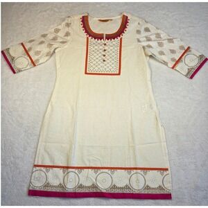 Srishti Womens Kurti Tunic Top Cream Orange Pink Block Print Size Large L